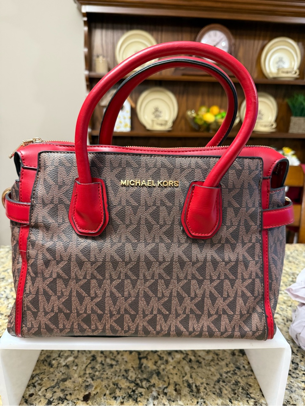 Michael Kors Brown Signature MK Monogram Satchel with Red Trim